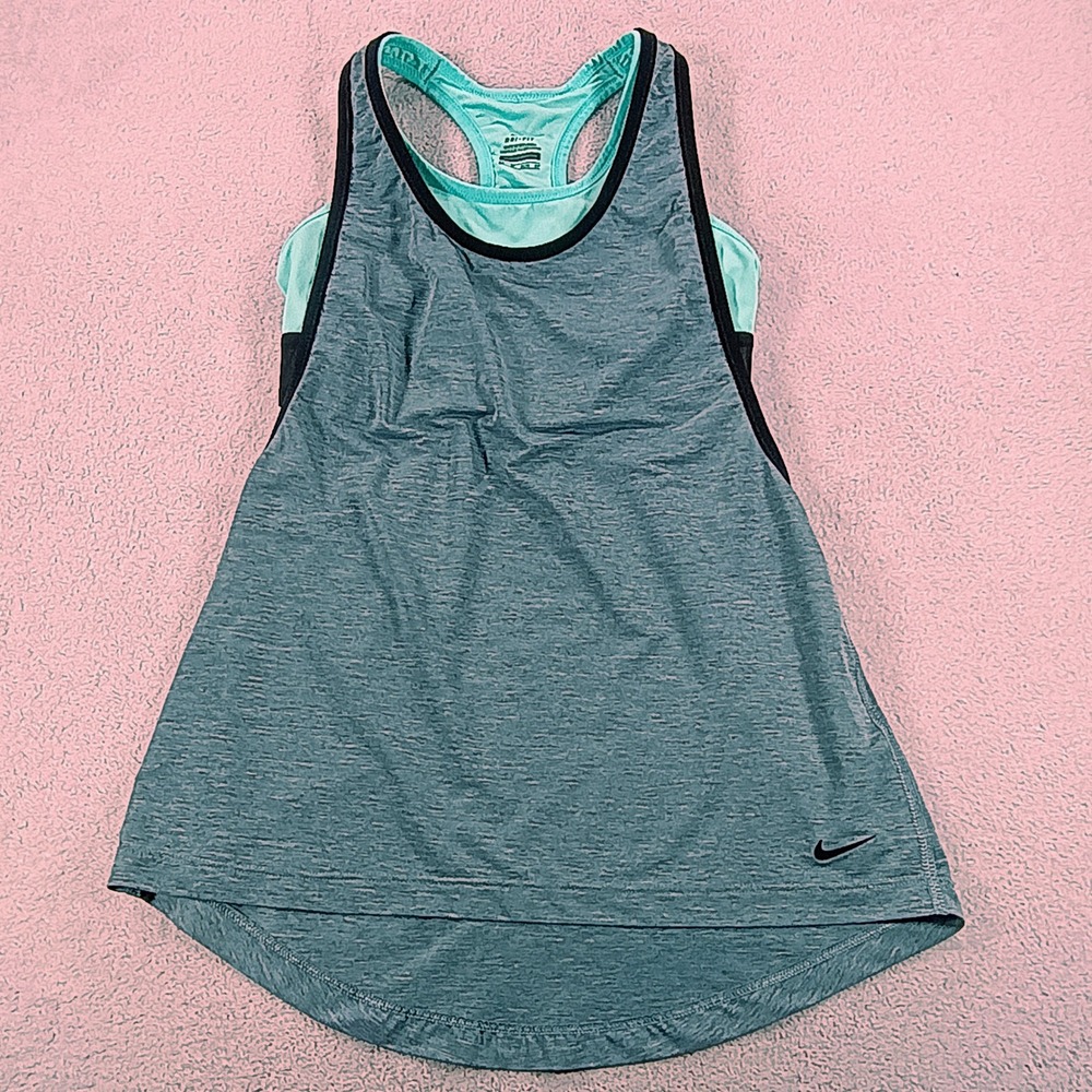 Nike Womens Dri-FIT 2-in-1 Tank Top Gray Teal XS Built-in Sports Bra 643314-498